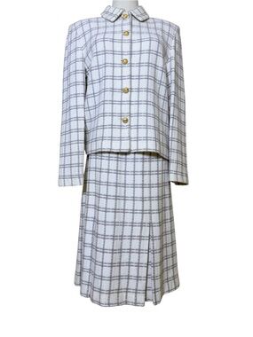 St. John Collection Tweed Jacket & Skirt Set Size 10 Womens Cream Gray Plaid